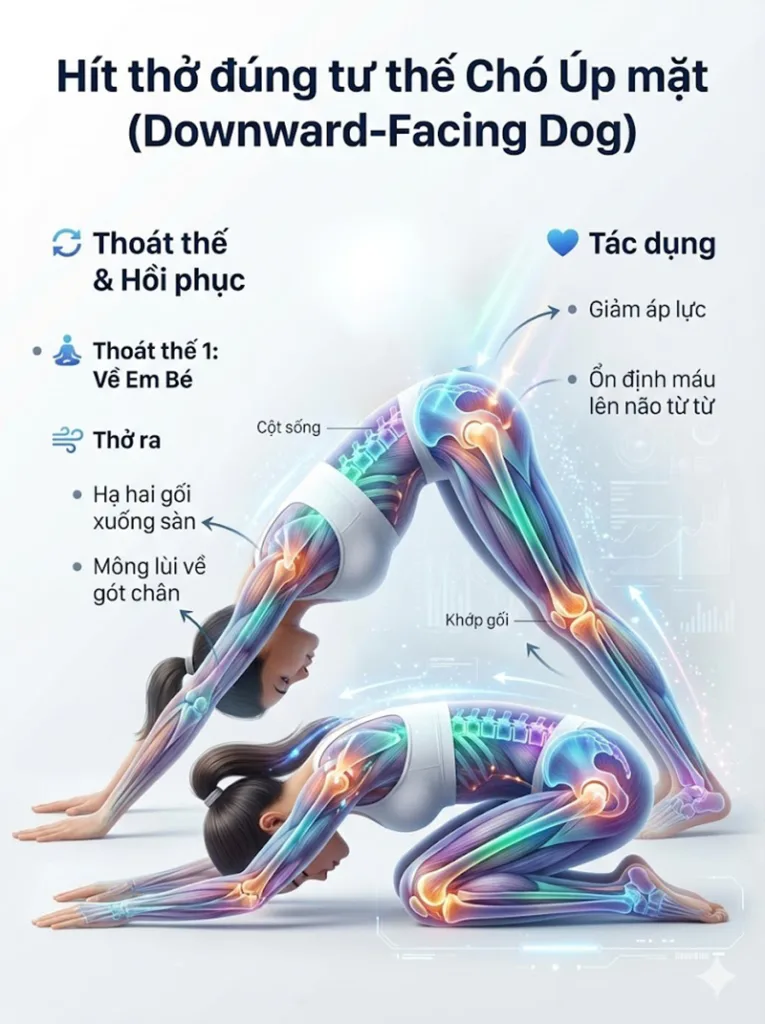 Quy trình thoát thế và Tác dụng hồi phục bằng hơi thở tư thế chó úp mặt