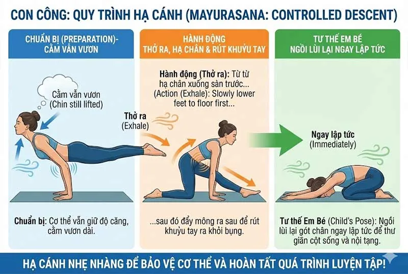 cách thoát thế và hơi thở trong tư thế con công
