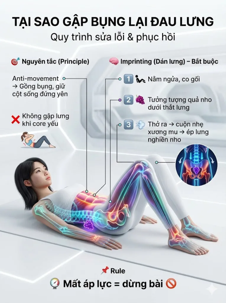 Kỹ thuật "Imprinting" (Dán lưng xuống sàn) để cải thiện tình trạng đau lưng khi tập bụng