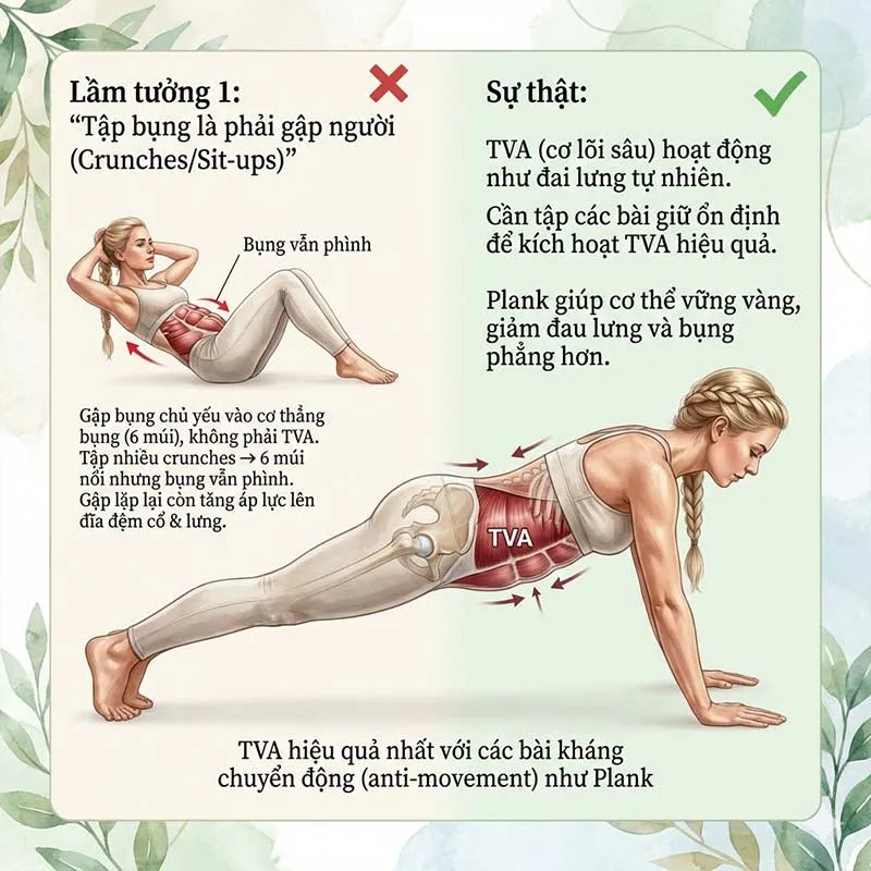 các hiểu lầm về cách tập cho cơ bụng Tập bụng là phải gập người (Crunches/Sit-ups)