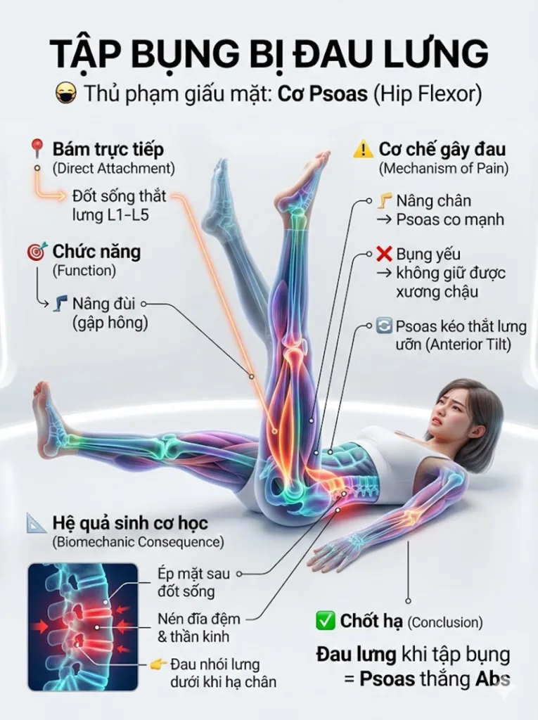 cơ psoas yếu là thủ phạm gây đau lưng khi tập bụng