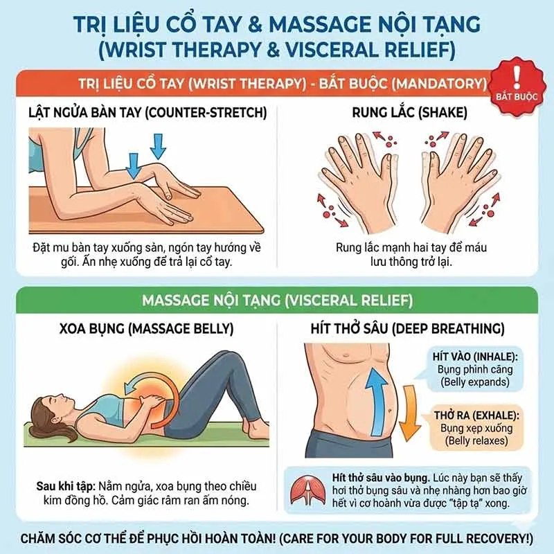 trị liệu cổ tay sau khi thoát thế trong tư thế con công