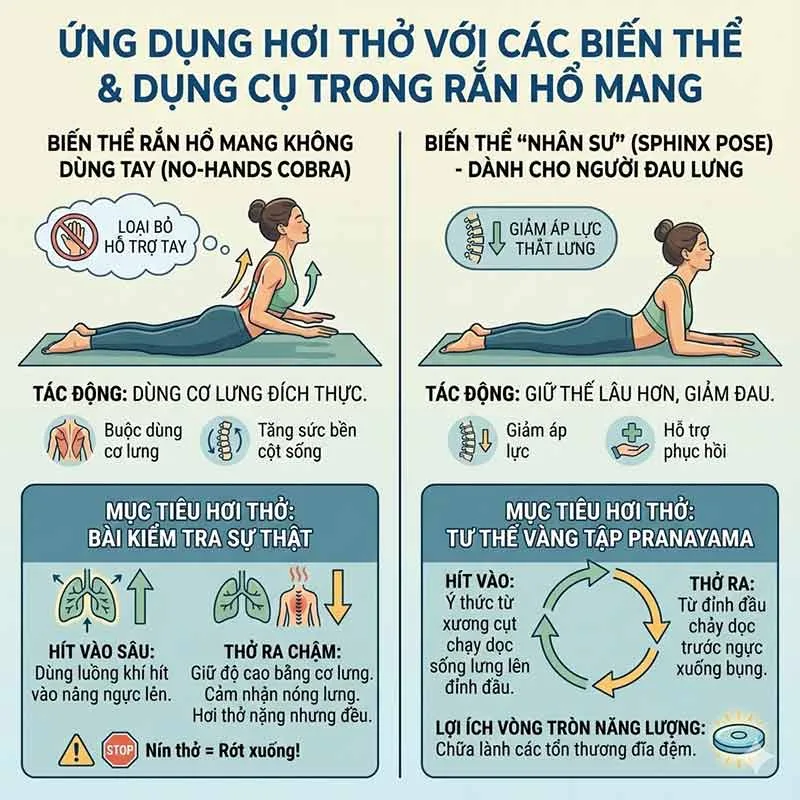 ứng dụng hơi thở đúng trong các biến thể của tư thế rắn hổ mang