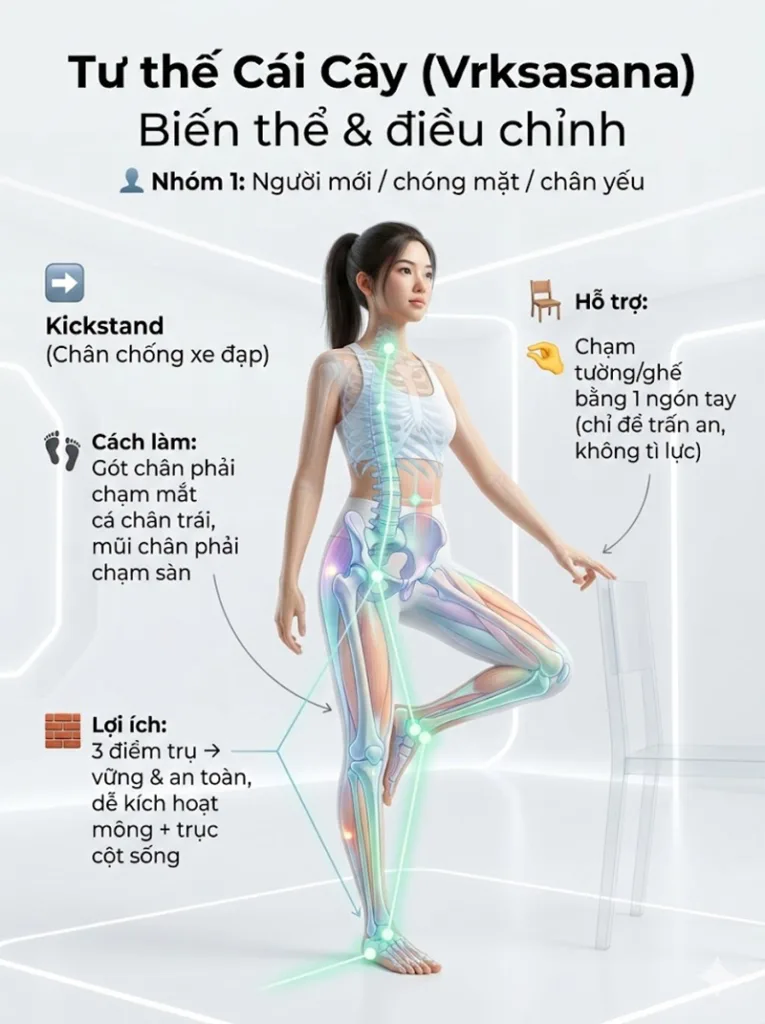 Biến thể và điều chỉnh tư thế cái cây cho người Người mới tập / Rối loạn tiền đình / Chân yếu