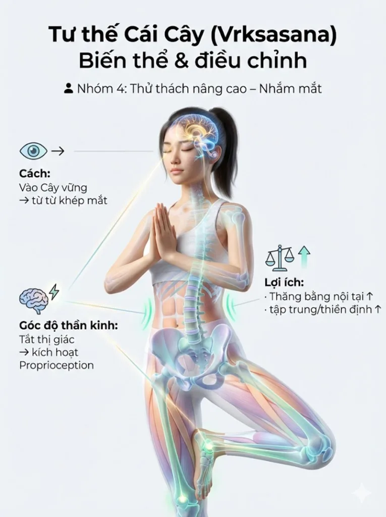 Biến thể và điều chỉnh tư thế cái cây cho Thử thách nâng cao - Nhắm mắt (Proprioception Challenge)