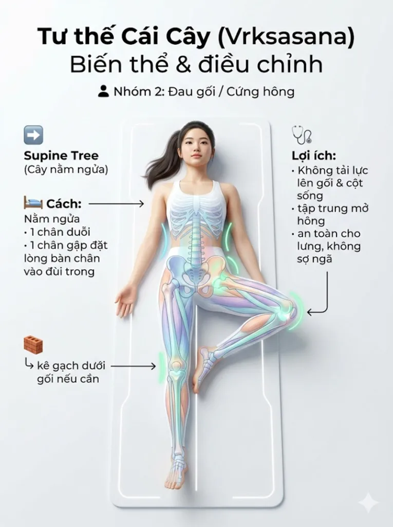 Biến thể và điều chỉnh tư thế cái cây cho người bị đau đầu gối / Cứng khớp hông