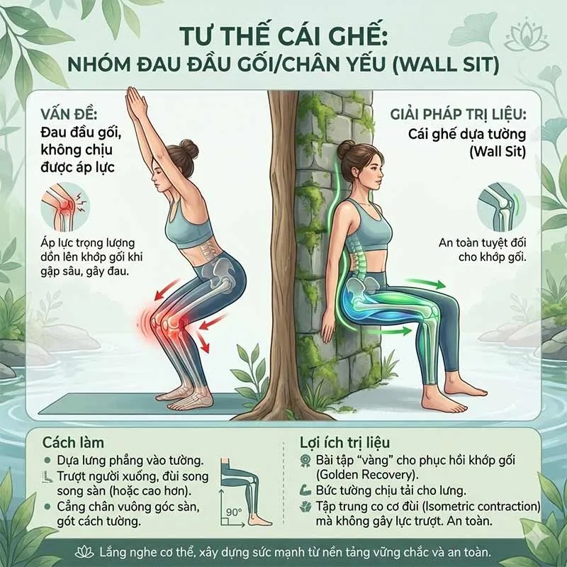 biến thể tư thế cái ghế cho nhóm người Đau đầu gối/ Chân yếu