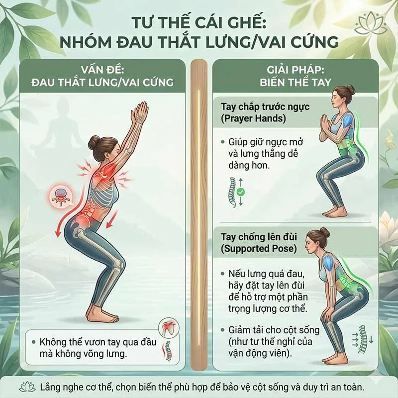 biến thể tư thế cái ghế cho nhóm người Đau thắt lưng/ Vai cứng