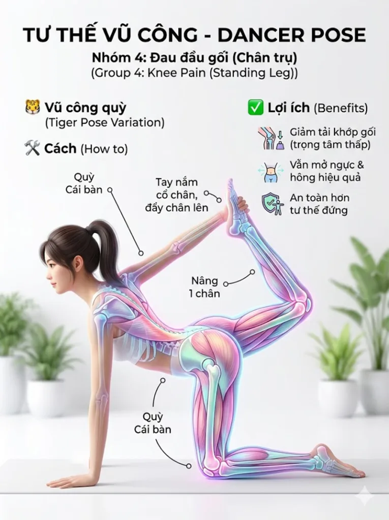 Biến thể và điều chỉnh tư thế vũ công cho người Đau đầu gối (Chân trụ)