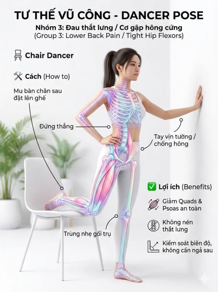 Biến thể và điều chỉnh tư thế vũ công cho người Đau thắt lưng/ Cơ gập hông cứng
