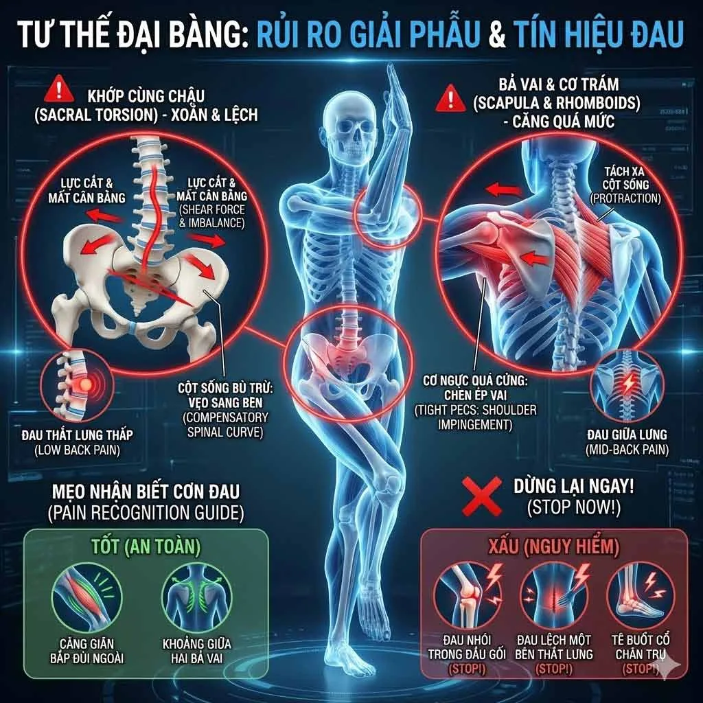 khớp cùng chậu và khu vực bả vai cũng rất dễ bị chấn thương trong tư thế đại bàng