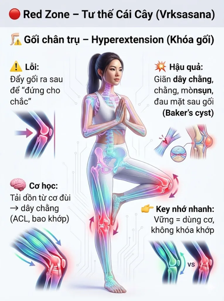 Khớp gối chân trụ và Hội chứng "Khóa khớp" là vấn đề cần lưu ý khi thực hiện tư thế cái cây
