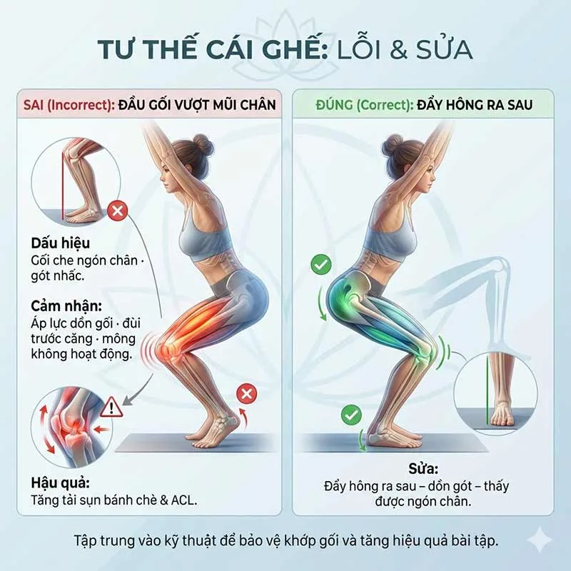 lỗi đầu gối vượt quá mũi chân tư thế cái ghế