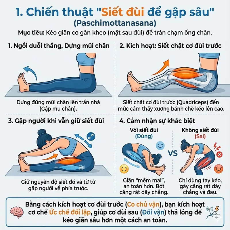 Chiến thuật "Siết đùi để gập sâu" (Paschimottanasana)