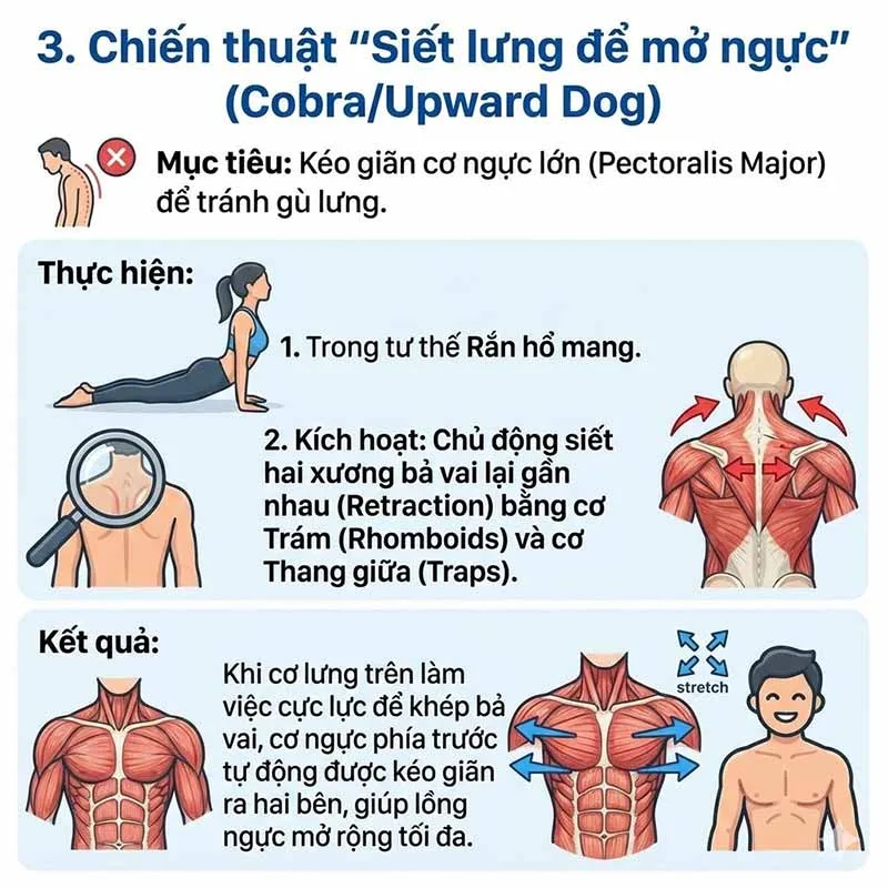 Chiến thuật "Siết lưng để mở ngực" (Cobra/Upward Dog)