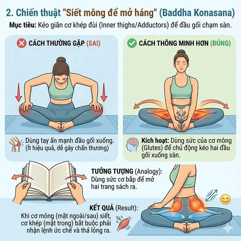 Chiến thuật "Siết mông để mở háng" (Baddha Konasana)