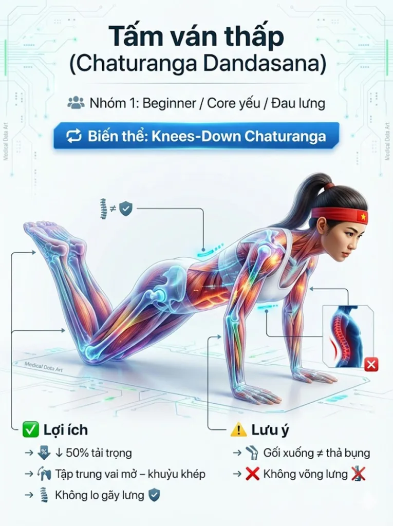 biến thể tư thế chaturanga cho Người mới bắt đầu / Cơ lõi yếu / Đau lưng