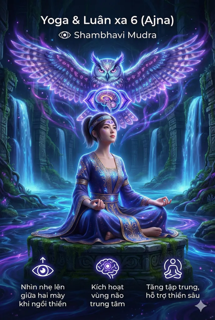 Luân xa 6 với Shambhavi Mudra trong Padmasana kích hoạt tuyến yên – tuyến tùng, tăng tập trung và thiền định sâu.