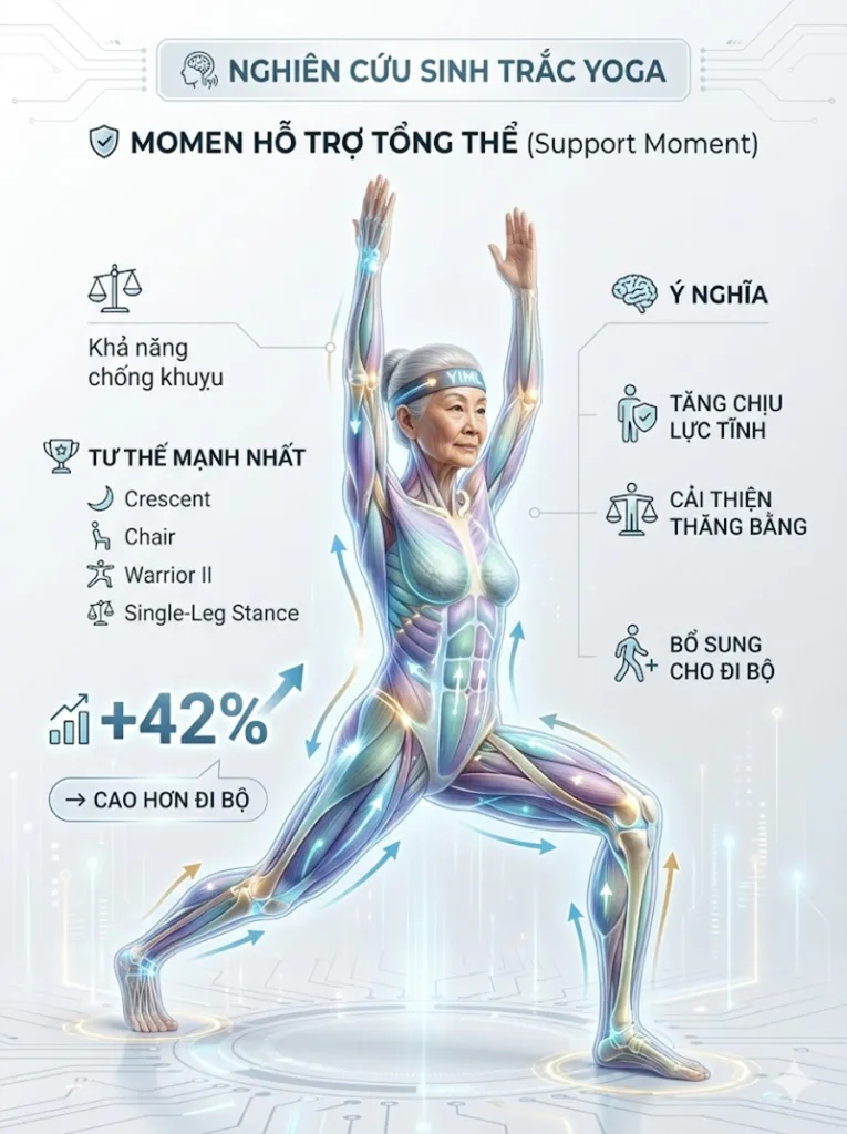 4 tư thế tạo ra lực nâng đỡ cơ thể lớn nhất là: Trăng lưỡi liềm (Crescent), Cái Ghế (Chair), Chiến binh II (Warrior II) và Thăng bằng 1 chân.