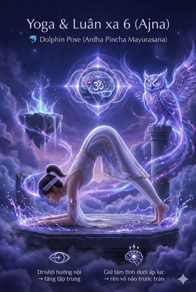Luân xa 6 trong tư thế Cá Heo (Ardha Pincha Mayurasana) rèn Drishti hướng nội, tăng tập trung và ổn định vỏ não trước trán.