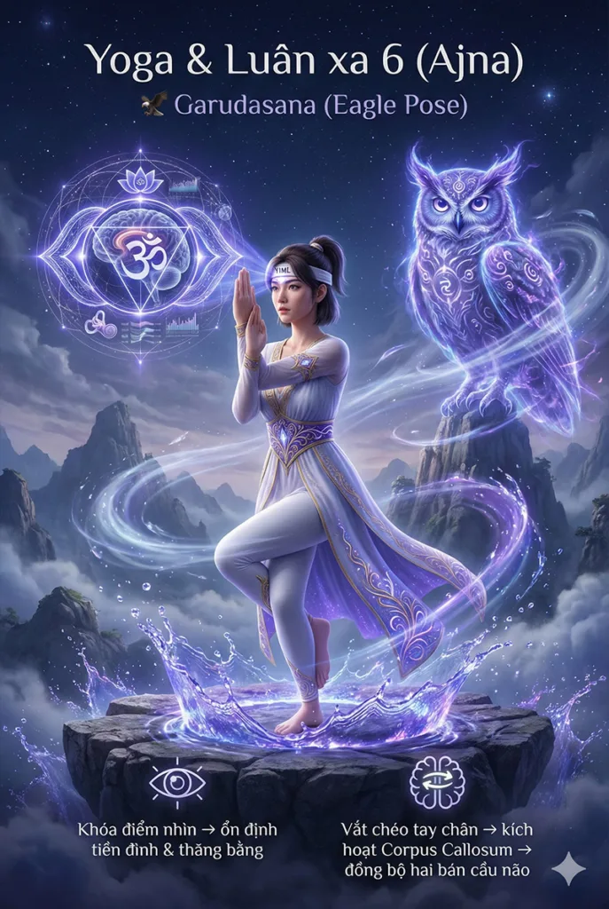 Luân xa 6 trong tư thế Đại Bàng (Garudasana) tăng tập trung Drishti, ổn định tiền đình và đồng bộ hai bán cầu não.