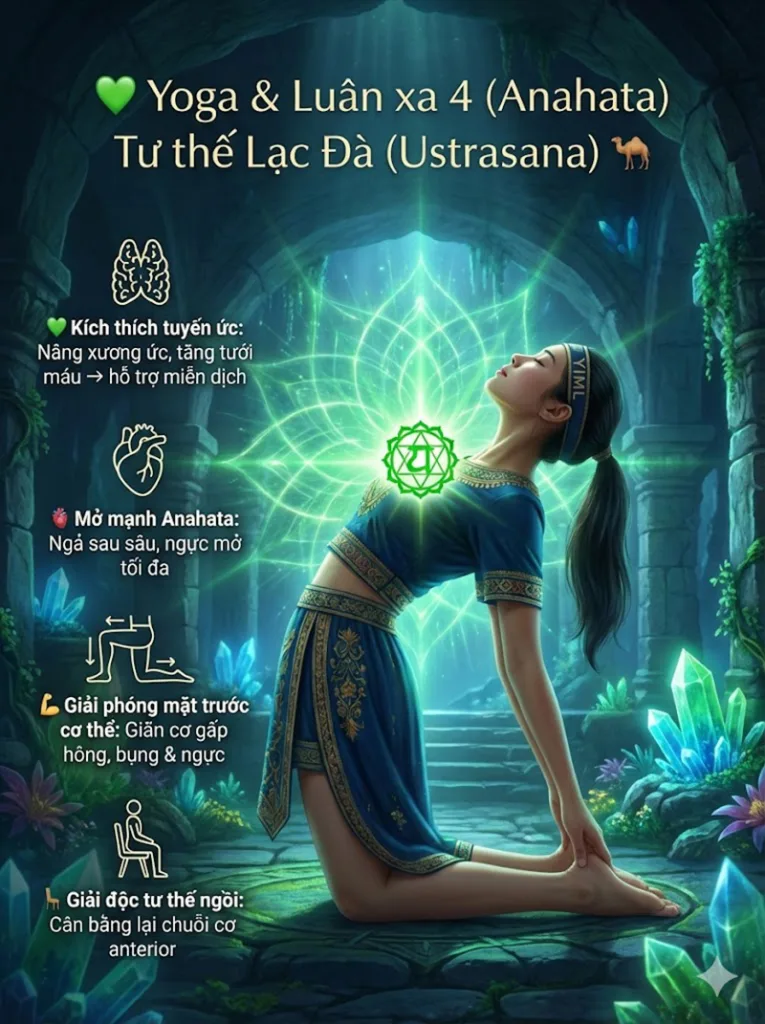 Tư thế Lạc Đà (Ustrasana - Camel Pose) có tác dụng mở ngực và cân bằng luân xa tim